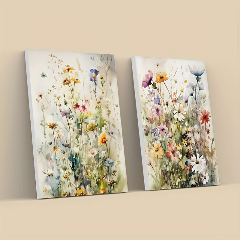 Watercolor Wildflower Canvas Wall Art Set of 2, Colorful Meadow Flowers for Farmhouse Bedroom — artwork and room preview