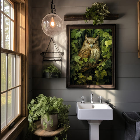 Magical Forest Owl Canvas Wall Art, Dark Cottagecore Woodland Bird and Botanical Print for Gothic Decor — artwork and room preview