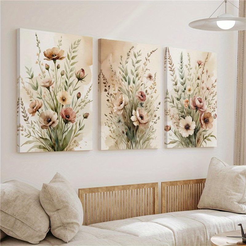 Boho Wildflower Canvas Wall Art Set of 3, Soft Watercolor Botanical Prints for Living Room — artwork and room preview