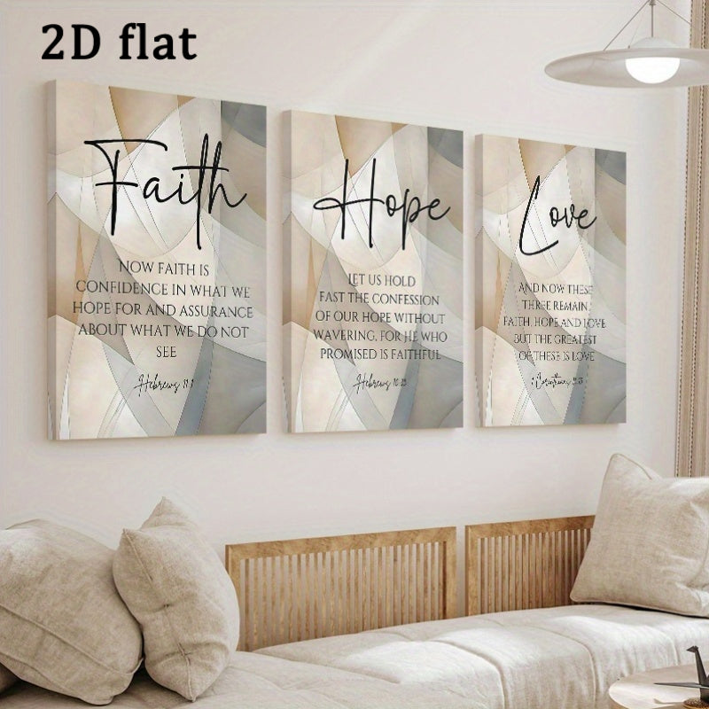 Faith Hope Love Canvas Wall Art Set of 3, Christian Bible Verses in Soft Neutral Geometric Prints — artwork and room preview