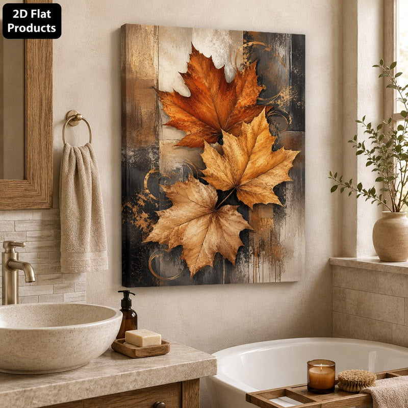 Autumn Maple Leaf Canvas Wall Art, Gold and Brown Leaves on a Rustic Grey Textured Background — artwork and room preview