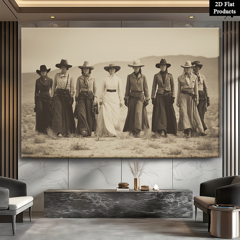 Western Women Canvas Wall Art, Vintage Sepia Cowgirl Group Portrait for Rustic Country Decor — artwork and room preview