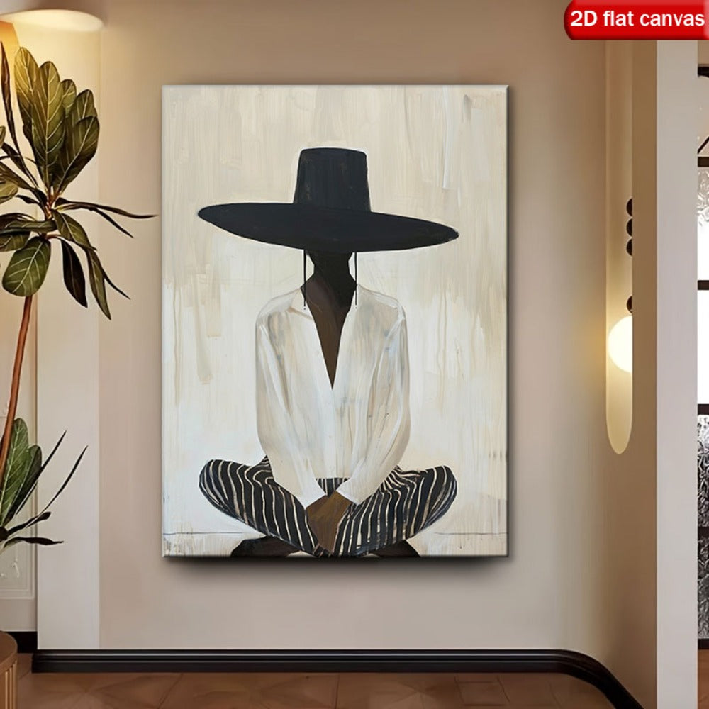 Woman in a Wide Black Hat Canvas Wall Art, Seated Fashion Portrait in Neutral Minimalist Style — artwork and room preview