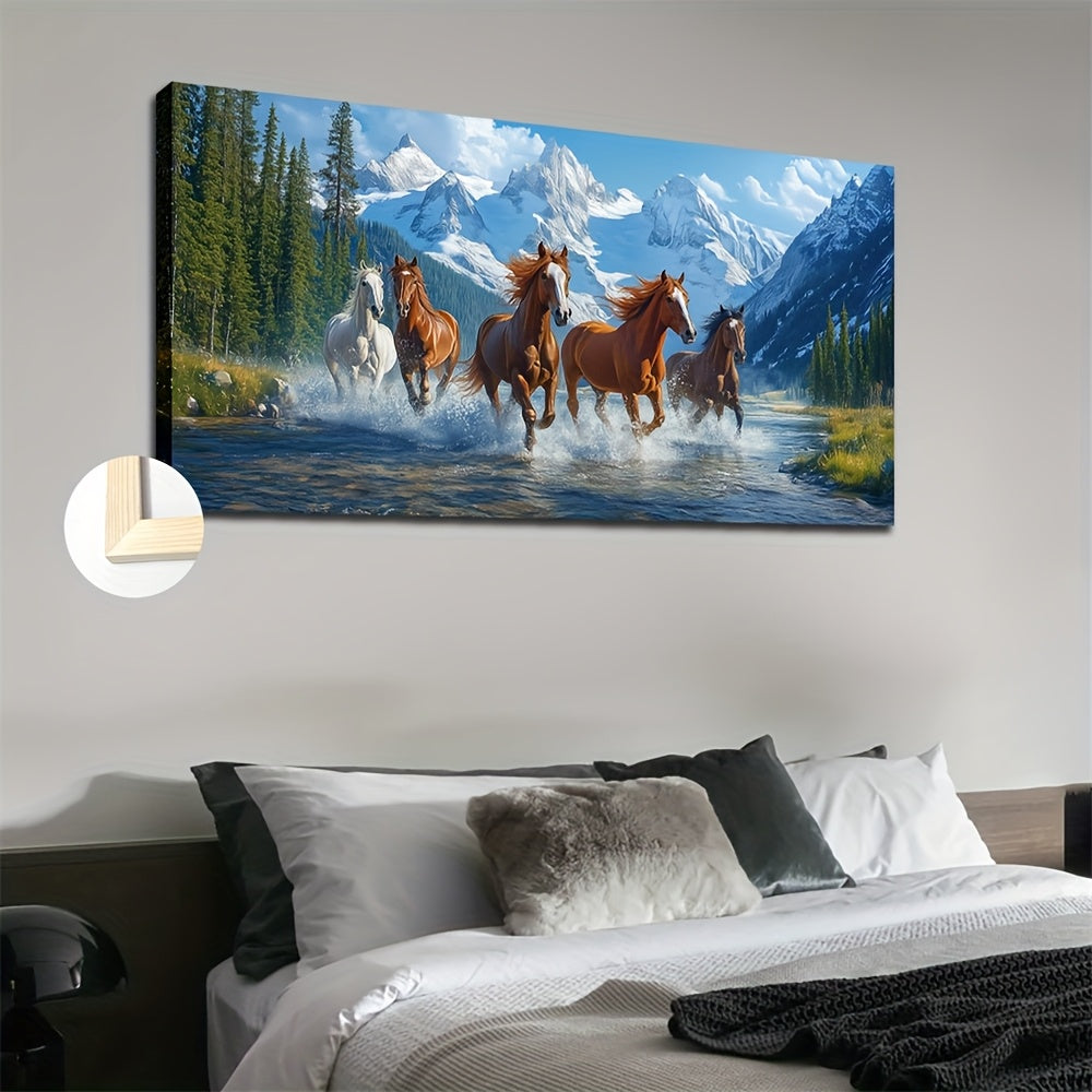 Running Horses Canvas Wall Art, Mountain River and Valley Landscape for Living Room or Office — artwork and room preview