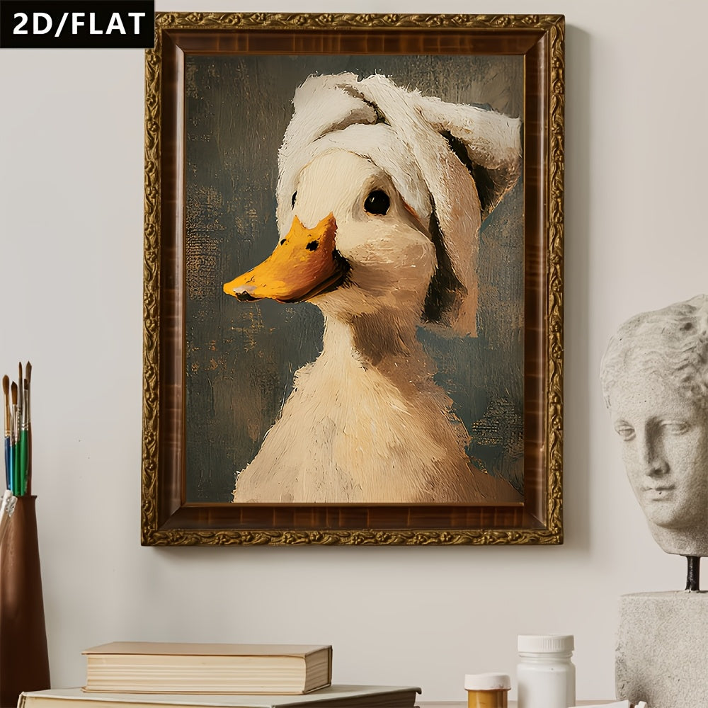 Duck in a Bath Towel Canvas Wall Art, Funny Vintage Animal Portrait for Bathroom Decor — artwork and room preview