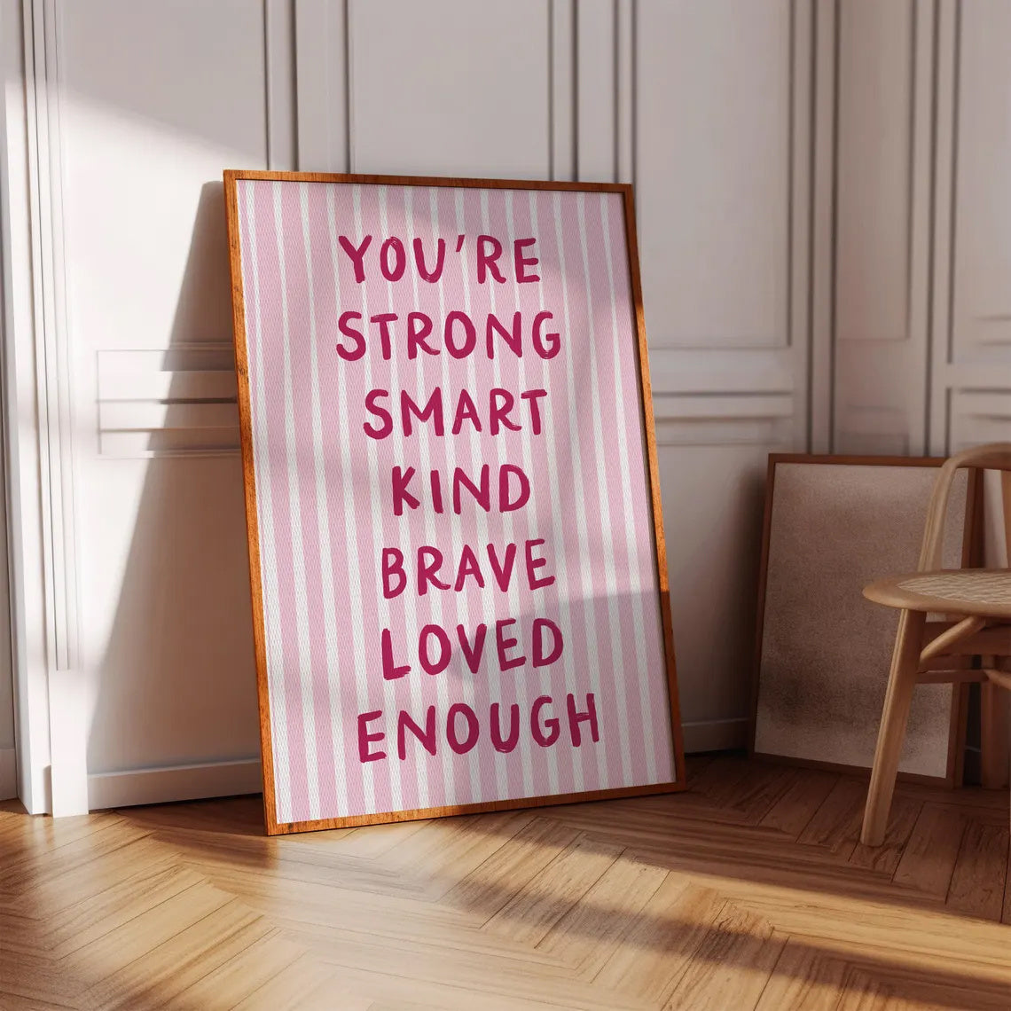 You Are Strong Smart Kind Canvas Wall Art, Pink Striped Positive Affirmations for Girls Bedroom — artwork and room preview