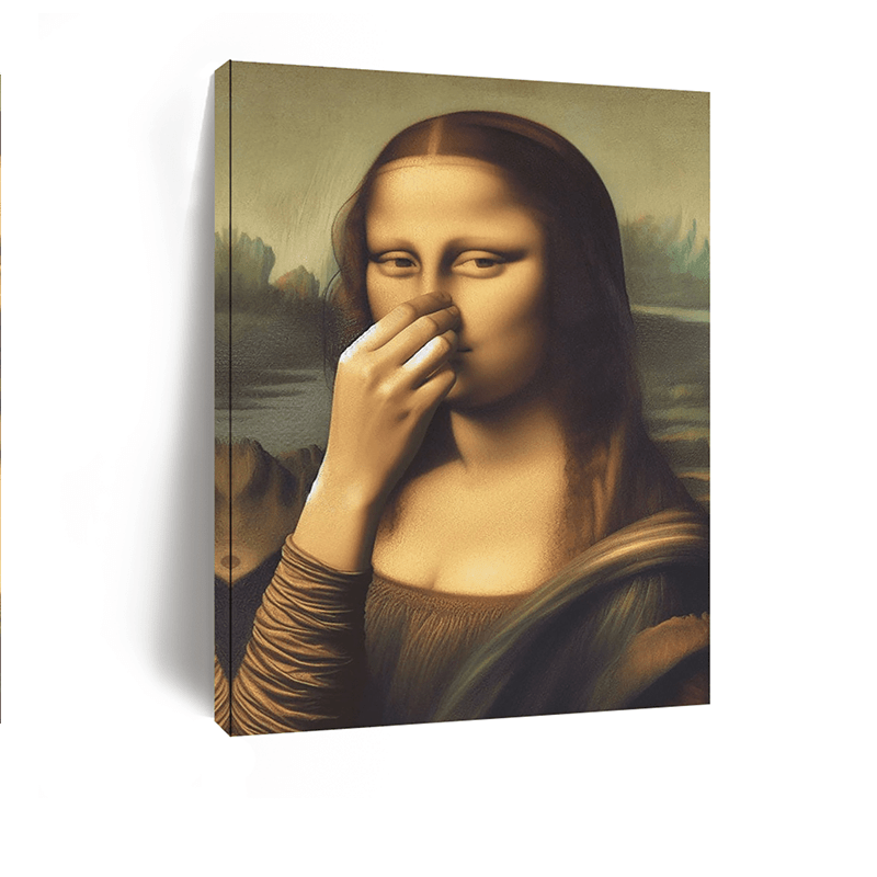 Funny Mona Lisa Canvas Wall Art, Nose Pinching Renaissance Parody for Bathroom or Office — artwork and room preview