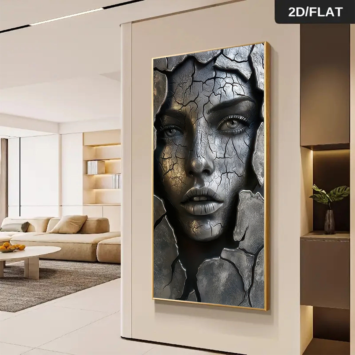 Cracked Stone Woman Canvas Wall Art, Surreal Grey Marble Portrait Print for Industrial Nordic Decor — artwork and room preview