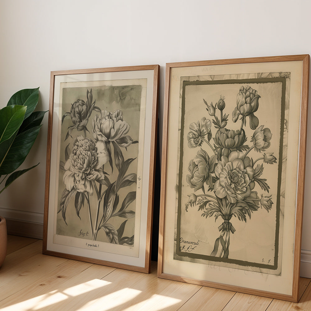 Vintage Botanical Canvas Wall Art Set of 2, Peony and Rose Line Prints on Warm Neutral Backgrounds — artwork and room preview