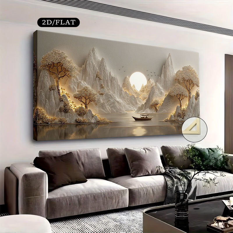 Golden Serenity Canvas Wall Art, Misty Mountains Trees and Boat in a Neutral Asian Landscape — artwork and room preview
