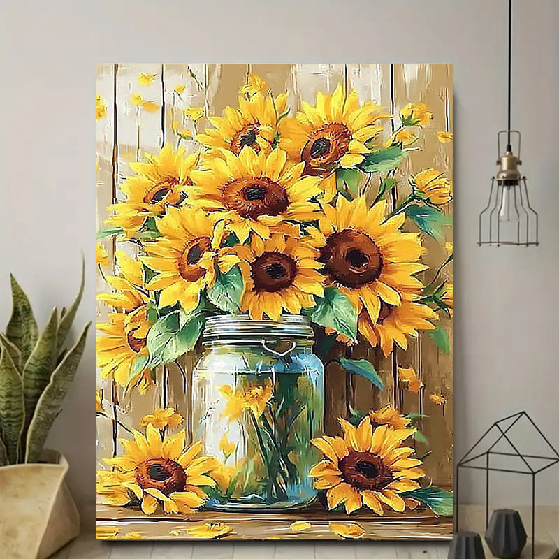 Mason Jar Sunflowers Canvas Wall Art, Yellow Farmhouse Flowers on a Rustic Wood Effect Background — artwork and room preview