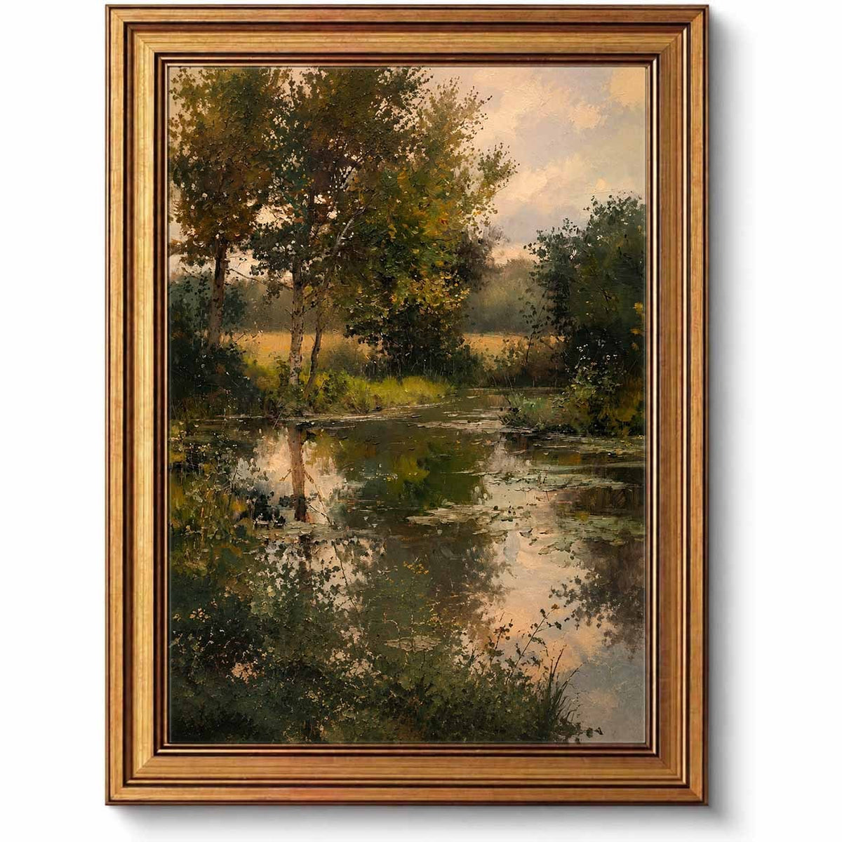 Vintage Forest Pond Canvas Wall Art, Tranquil Trees and Golden Water Reflections for Living Room — artwork and room preview