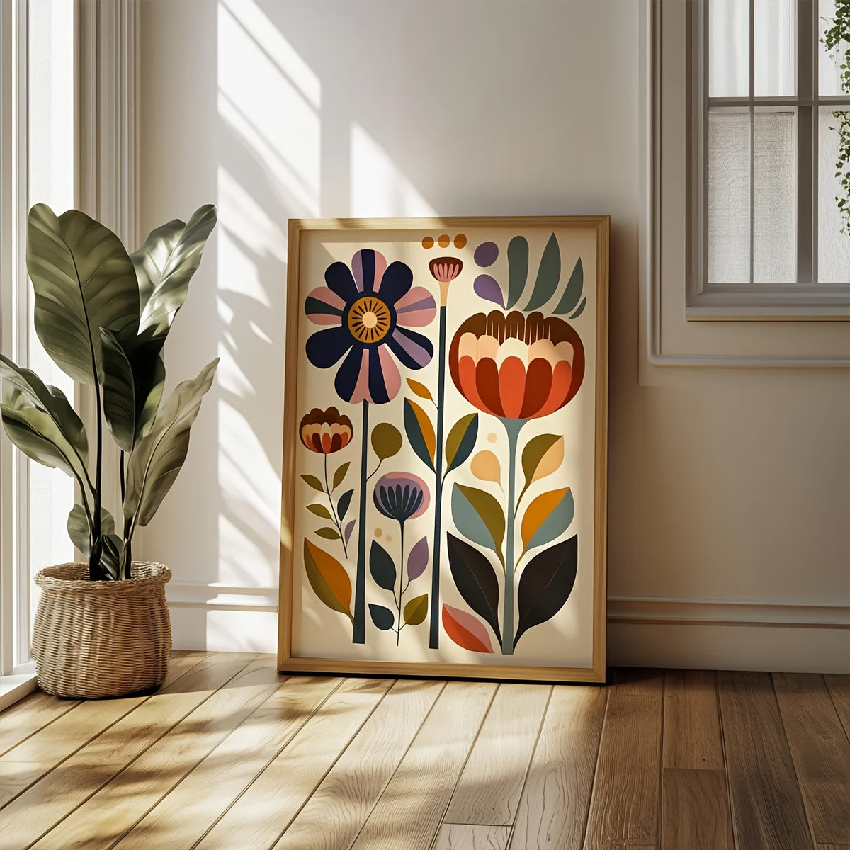 Scandinavian Folk Floral Canvas Wall Art, Colorful Norwegian Inspired Botanical Print in Vintage Nordic Style — artwork and room preview