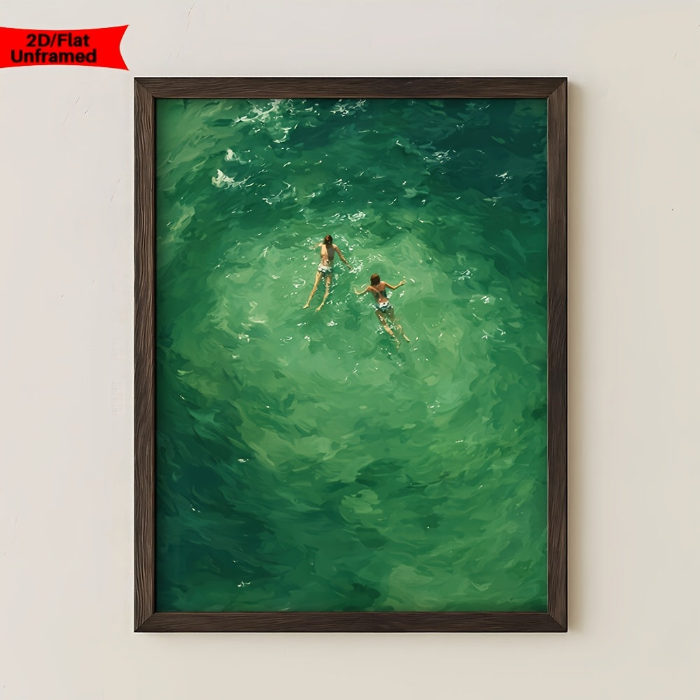 Ocean Swimmers Canvas Wall Art, Serene Green Water and Summer Bathers for Coastal Bedroom Decor — artwork and room preview