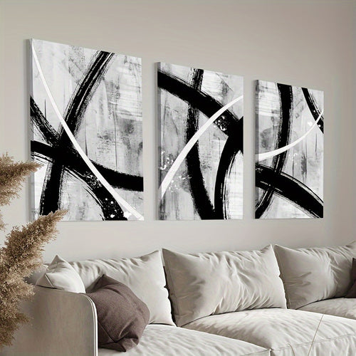 Black and White Abstract Canvas Wall Art Set of 3, Bold Sweeping Lines for Modern Living Room — artwork and room preview