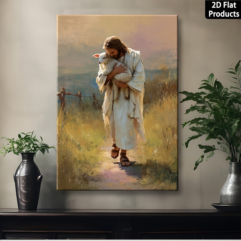 Jesus Carrying a Lamb Canvas Wall Art, Peaceful Christian Meadow Scene in Warm Farmhouse Tones — artwork and room preview