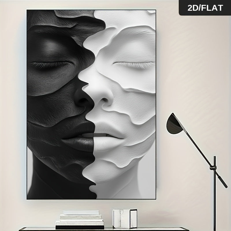 Abstract Dual Face Canvas Wall Art, Black and White Layered Portrait Print for Modern Living Room — artwork and room preview