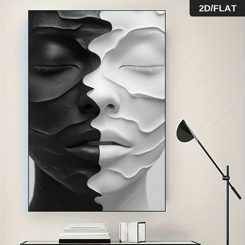 Abstract Dual Face Canvas Wall Art, Black and White Layered Portrait Print for Modern Living Room — artwork and room preview
