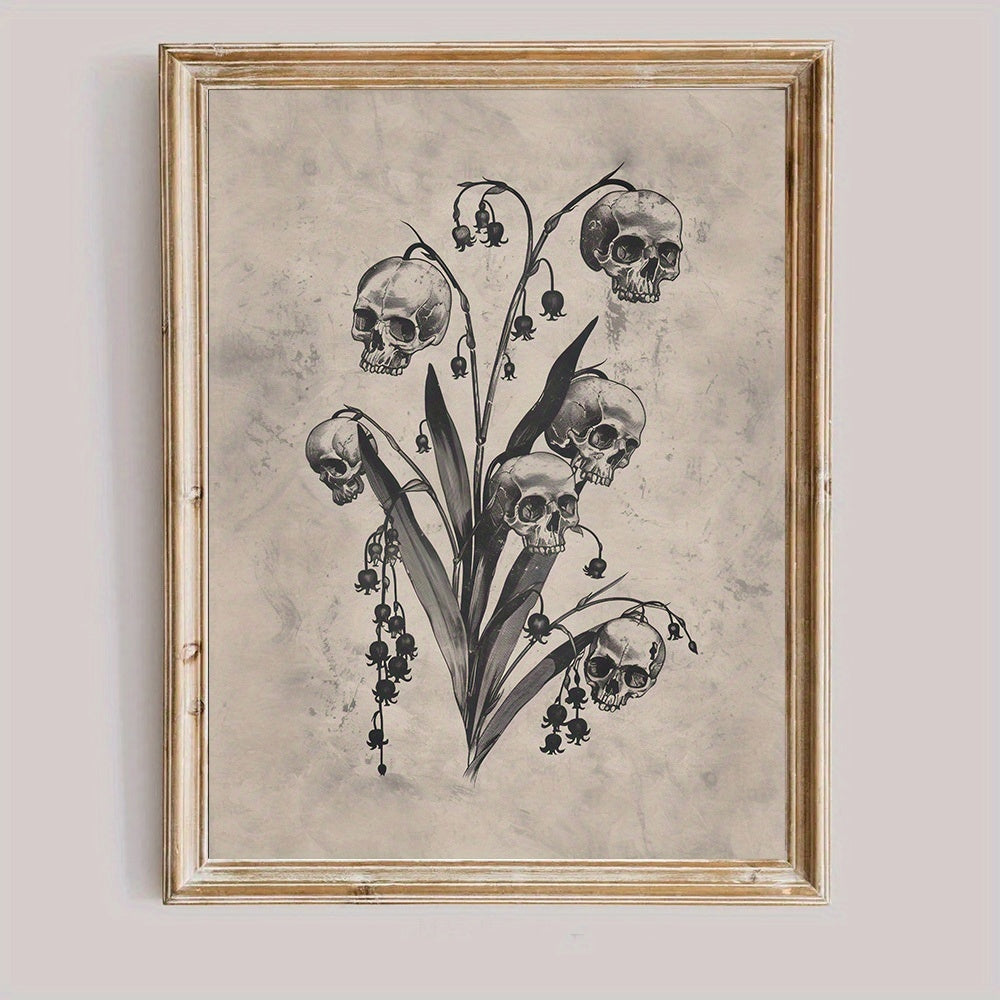 Gothic Skull Flower Canvas Wall Art, Vintage Botanical Line Print for Dark Academia Bedroom Decor — artwork and room preview