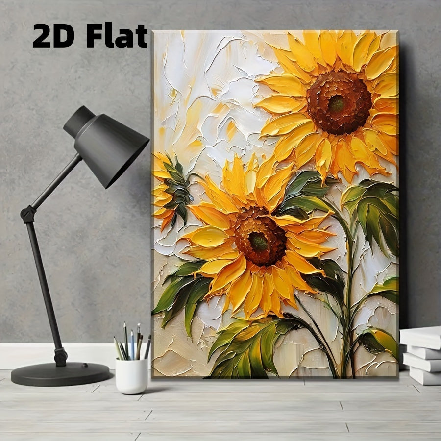 Sunflower Canvas Wall Art, Yellow Flowers on Cream with an Abstract Painterly Texture Effect — artwork and room preview