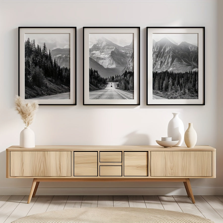 Black and White Mountain Canvas Wall Art Set of 3, Scenic Forest and Alpine Landscape Prints — artwork and room preview