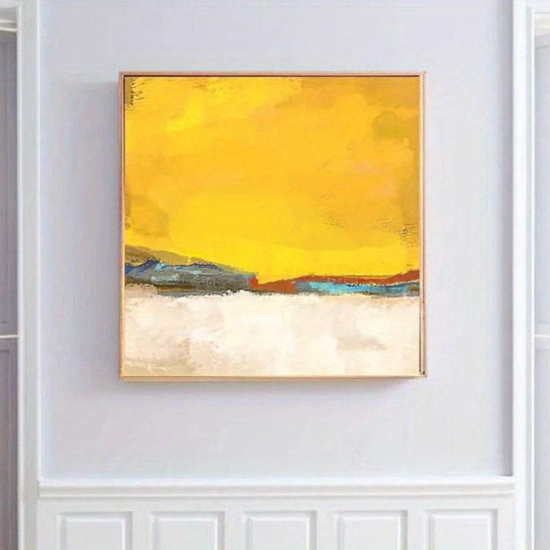 Yellow and White Abstract Canvas Wall Art, Warm Minimalist Landscape with a Painterly Texture Effect — artwork and room preview