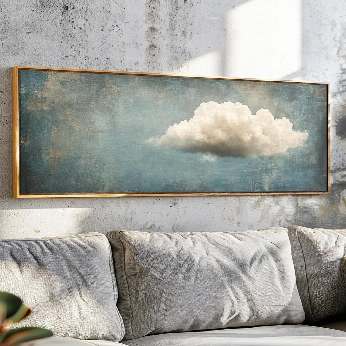 Minimalist Cloud Canvas Wall Art, Soft White Cloud on a Muted Blue Sky for Cottage Bedroom — artwork and room preview