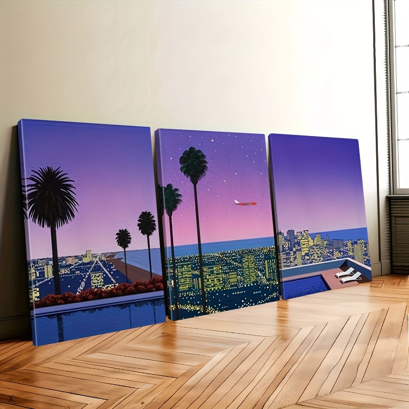 Sunset City Canvas Wall Art Set of 3, Purple Skyline and Palm Trees in a Retro Coastal Style — artwork and room preview