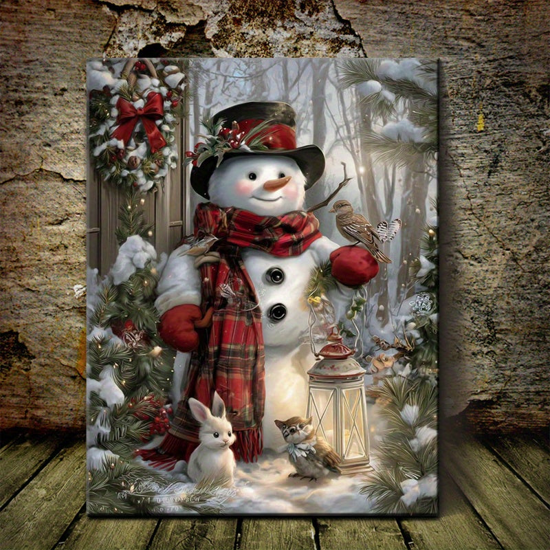 Winter Snowman and Bunny Canvas Wall Art, Red Scarf Lantern and Snowy Woodland Christmas Scene — artwork and room preview