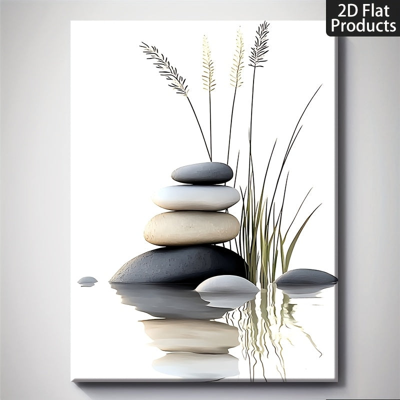 Stacked Stones Canvas Wall Art, Smooth Pebbles and Delicate Grass Reflected in Calm Water — artwork and room preview