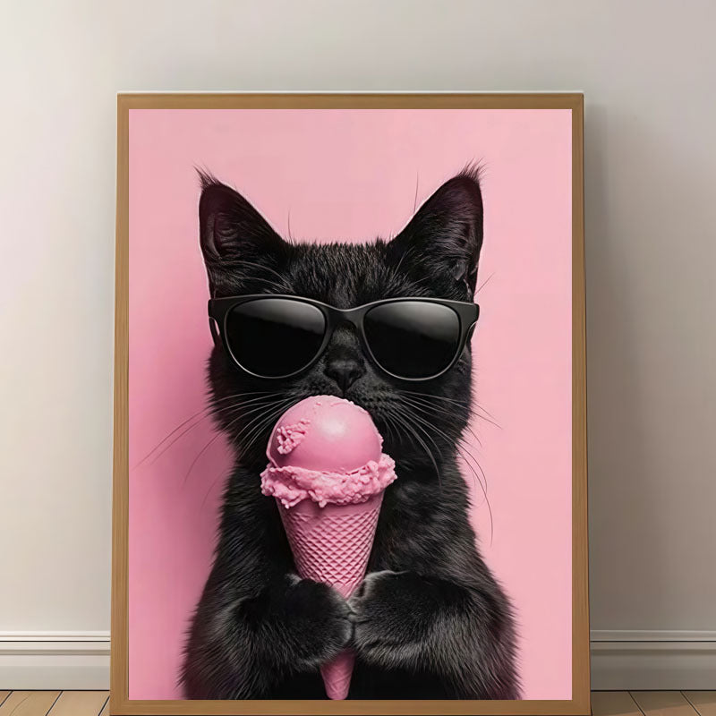 Cool Black Cat Canvas Wall Art, Sunglasses and Pink Ice Cream in a Playful Summer Animal Print — artwork and room preview