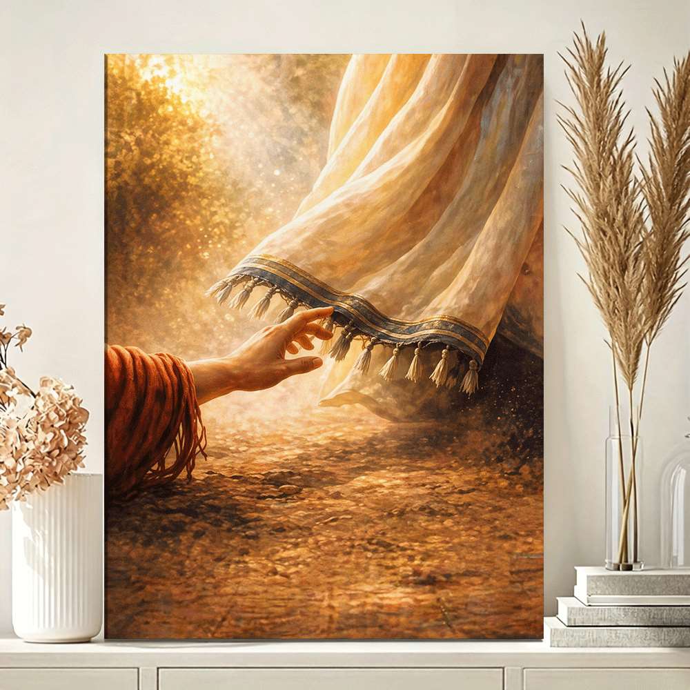 Touching the Hem of His Garment Canvas Wall Art, Warm Christian Faith Print with Hand and Robe — artwork and room preview