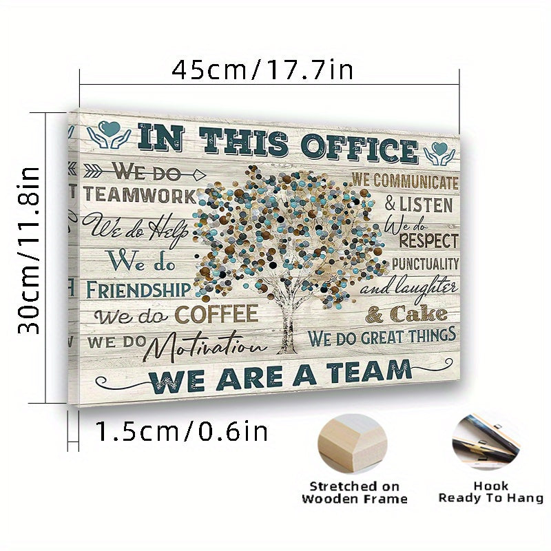 In This Office We Are a Team Canvas Wall Art, Rustic Tree and Motivational Workplace Quotes — artwork and room preview