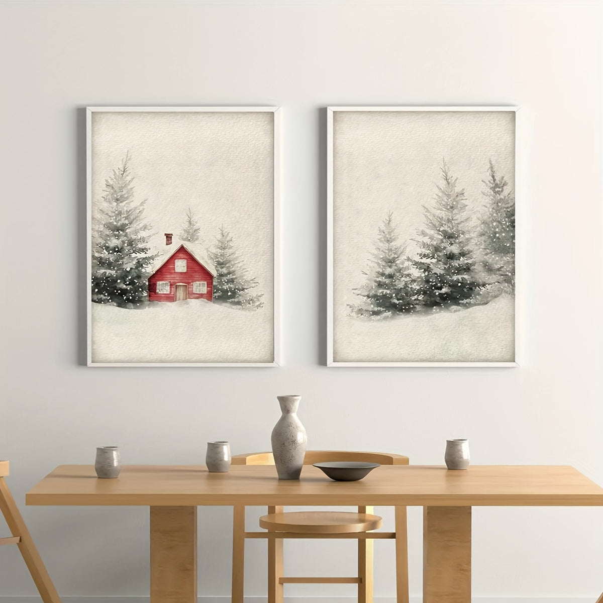 Winter Forest Canvas Wall Art Set of 2, Snowy Evergreen Trees and Red Cottage Christmas Prints — artwork and room preview