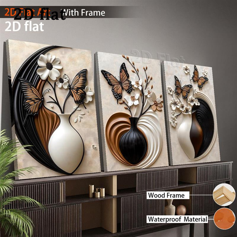 Abstract Floral Vase Canvas Wall Art Set of 3, Butterflies and Black White Bronze Tone Botanical Prints — artwork and room preview