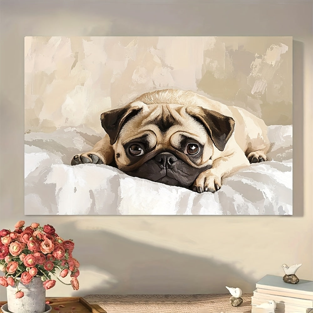 Resting Pug Canvas Wall Art, Sweet Dog on a Bed in Soft Neutral Colors for Bedroom — artwork and room preview