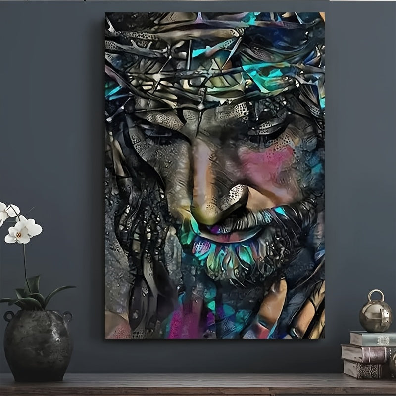 Colorful Christ Canvas Wall Art, Expressive Christian Portrait with Crown of Thorns in Jewel Tones — artwork and room preview