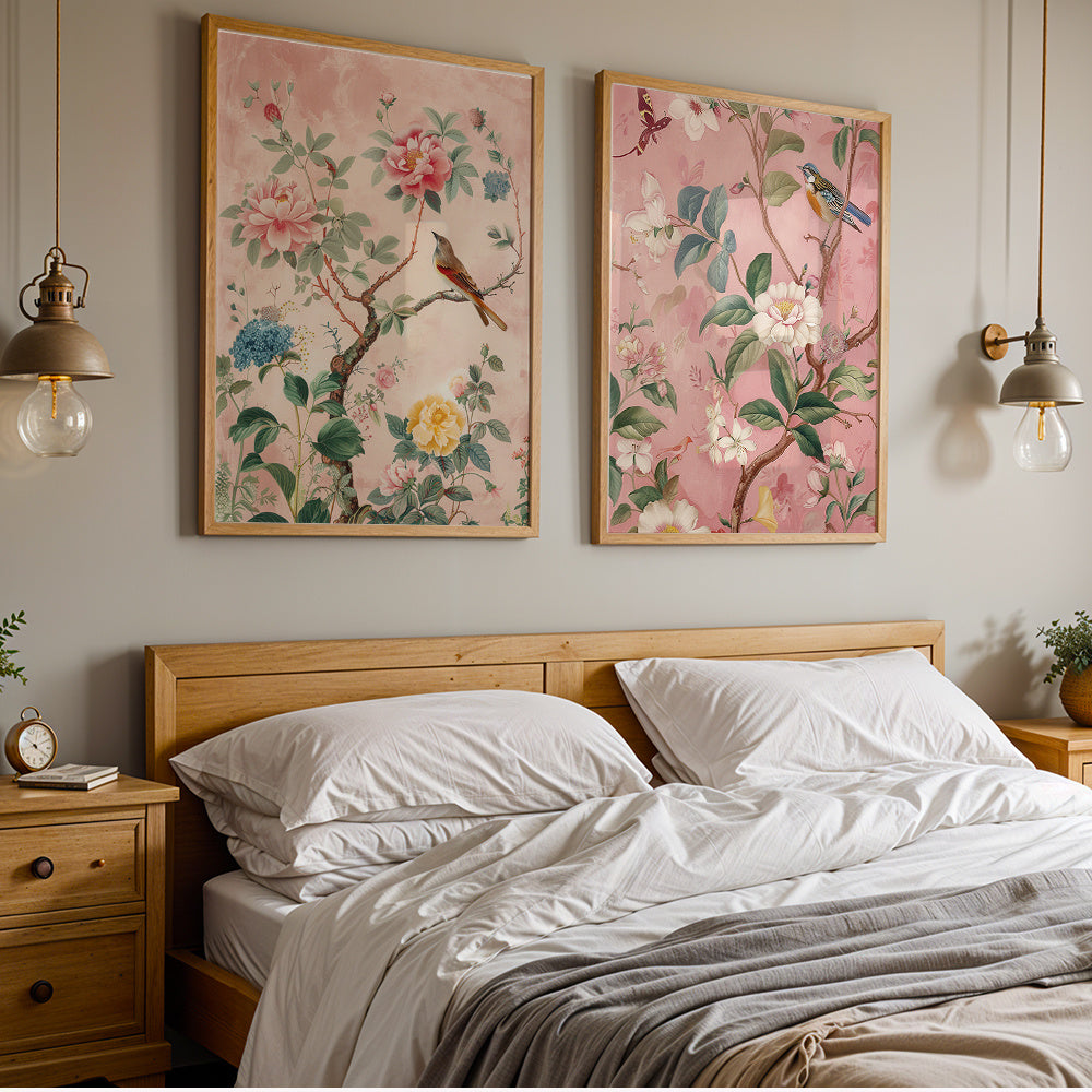 Pink Chinoiserie Canvas Wall Art Set of 2, Delicate Flowering Branches and Birds in Botanical Style — artwork and room preview