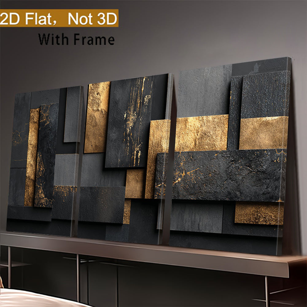 Black and Gold Geometric Canvas Wall Art Set of 3, Abstract Layered Blocks with a Stone Texture Effect — artwork and room preview