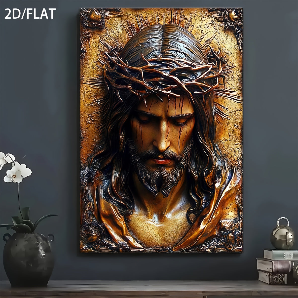 Jesus with Crown of Thorns Canvas Wall Art, Warm Gold and Brown Christian Portrait Print — artwork and room preview