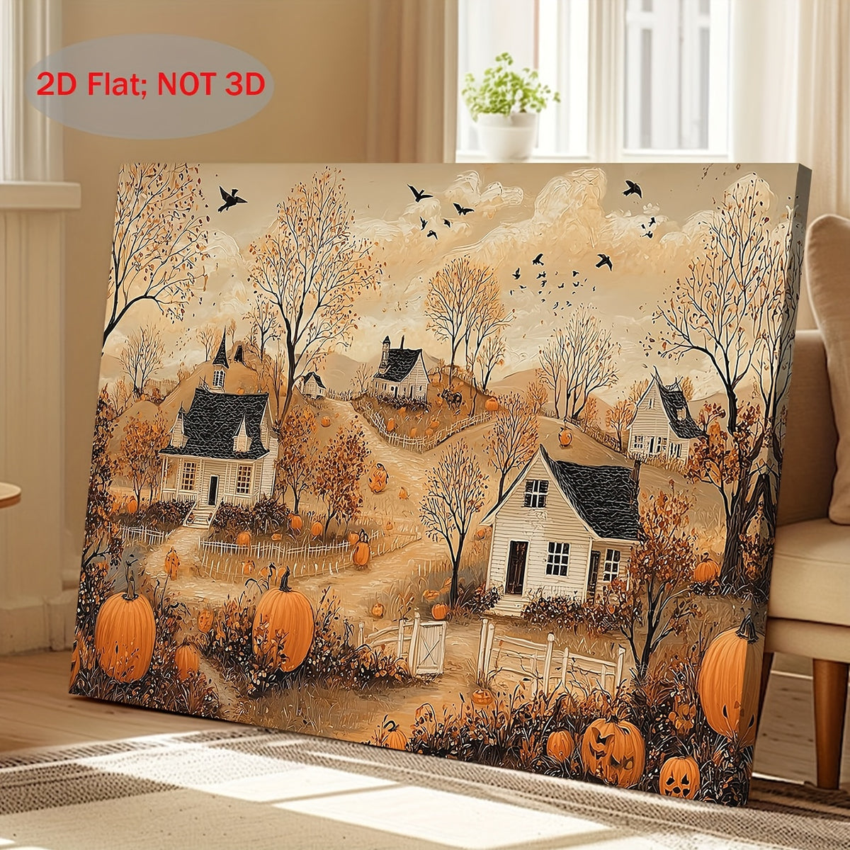 Vintage Autumn Village Canvas Wall Art, Pumpkins Cottages and Falling Leaves in Rustic Farmhouse Tones — artwork and room preview
