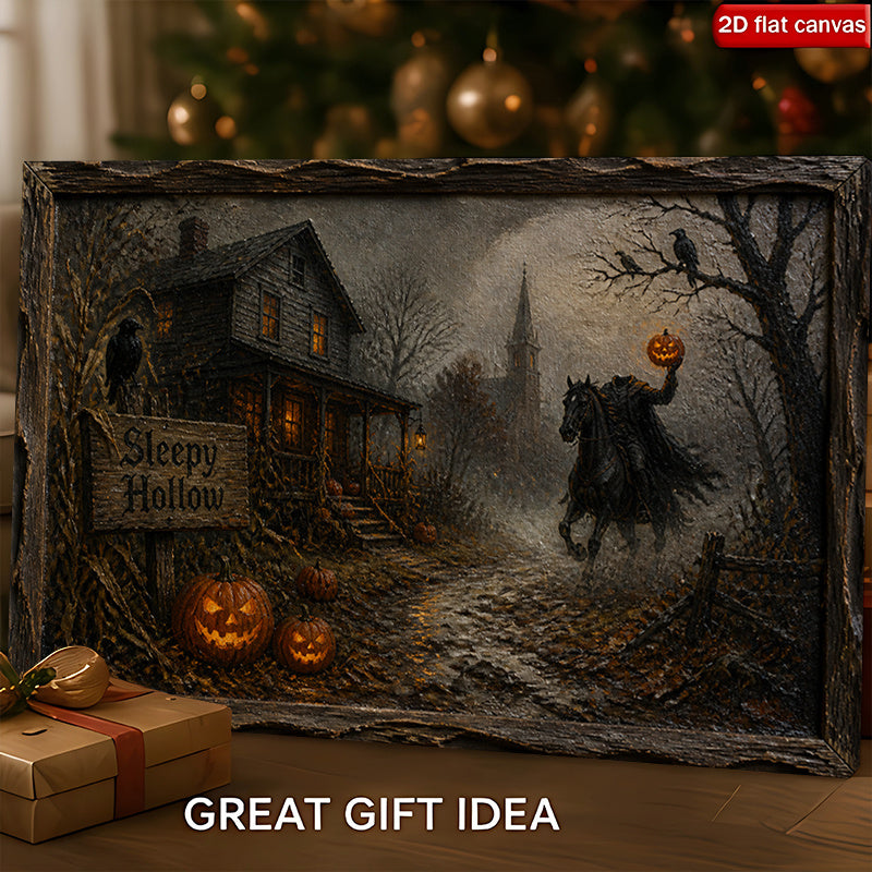 Sleepy Hollow Canvas Wall Art, Headless Horseman and Pumpkin Lanterns in a Misty Halloween Village — artwork and room preview