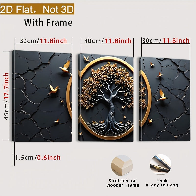 Tree of Life Canvas Wall Art Set of 3, Gold Birds and Black Stone Effect Celtic Tree Design — artwork and room preview