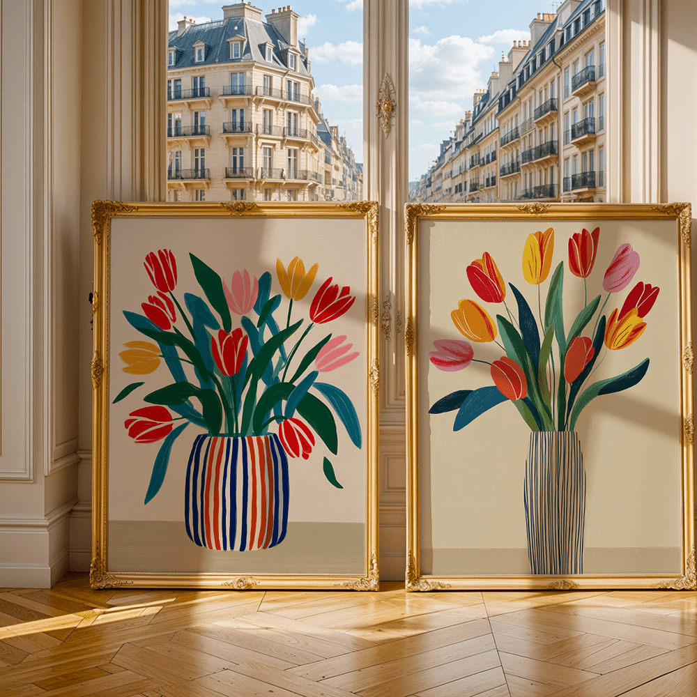 Colorful Tulip Canvas Wall Art Set of 2, Vintage Botanical Flowers in Striped Vases for Living Room — artwork and room preview