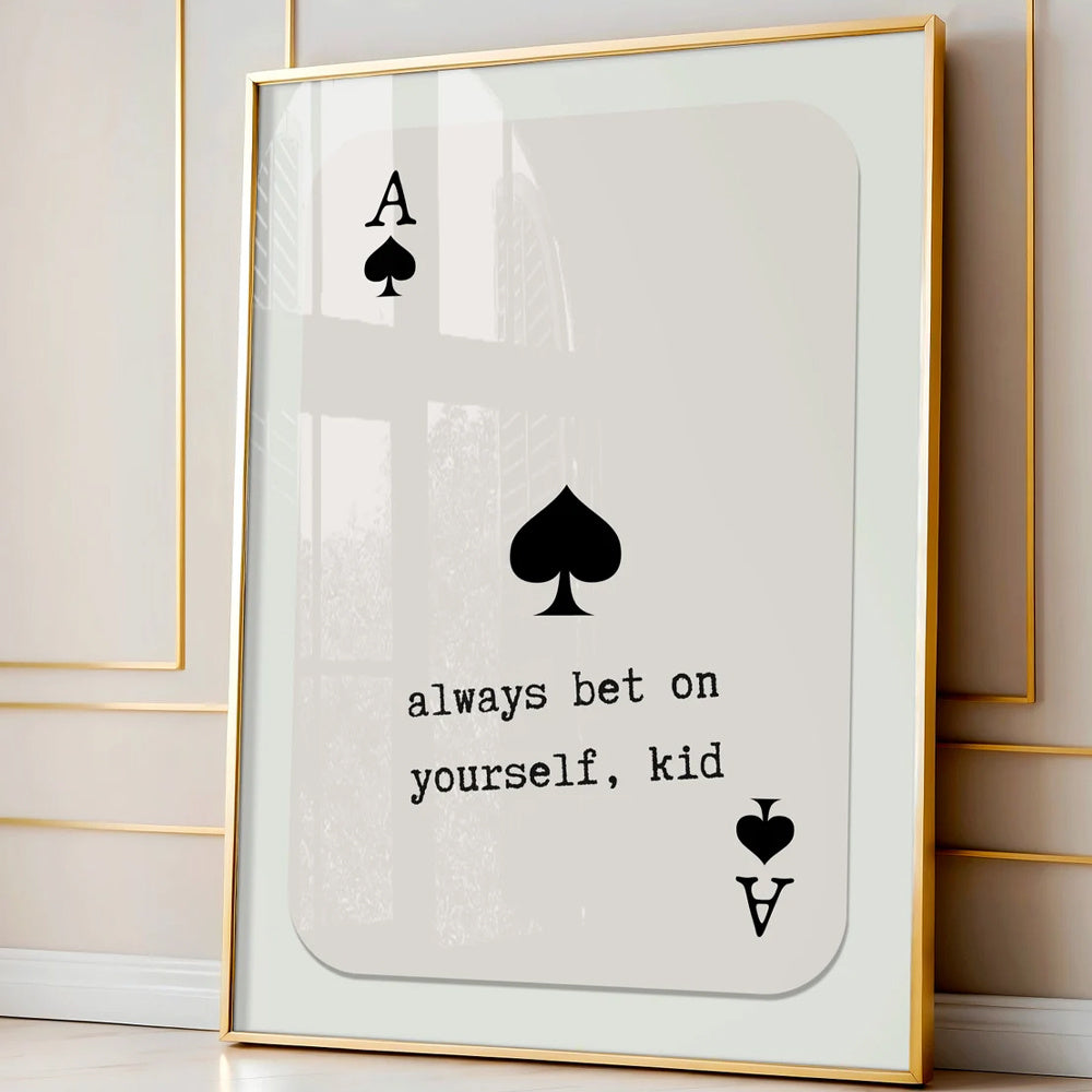 Ace of Spades Canvas Wall Art, Always Bet on Yourself Kid Quote in a Minimalist Vintage Style — artwork and room preview