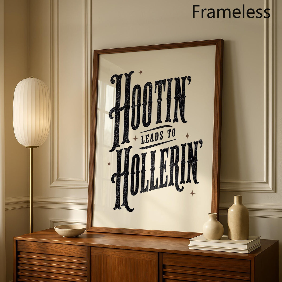 Hootin Leads to Hollerin Canvas Wall Art, Vintage Western Typography in Rustic Neutral Tones — artwork and room preview