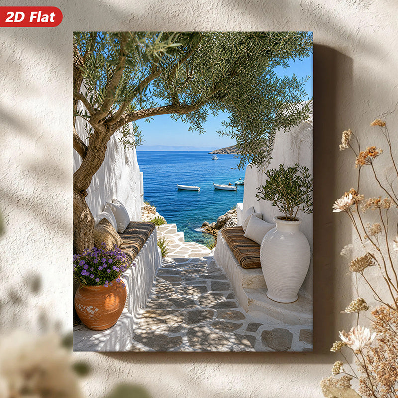 Greek Seaside Path Canvas Wall Art, Mediterranean Olive Tree White Walls and Bright Blue Water — artwork and room preview