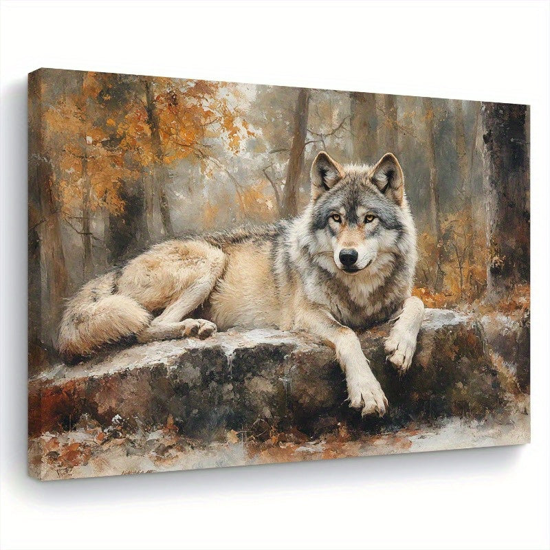 Wolf in Autumn Forest Canvas Wall Art, Resting Grey Wolf in a Realistic Woodland Landscape — artwork and room preview