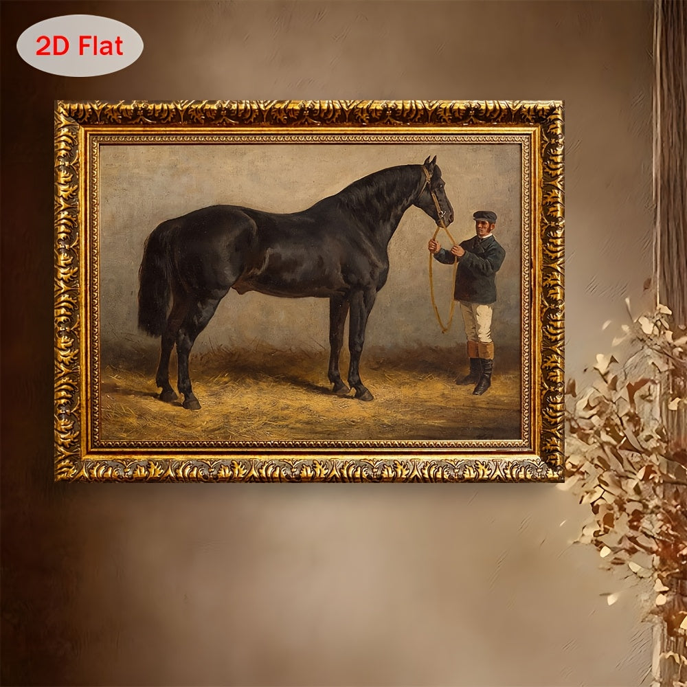 Vintage Black Horse and Groom Canvas Wall Art, Classic Equestrian Portrait in Warm Country Tones — artwork and room preview