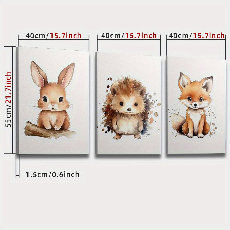 Woodland Nursery Canvas Wall Art Set of 3, Cute Rabbit Hedgehog and Fox on Soft Neutral Backgrounds — artwork and room preview